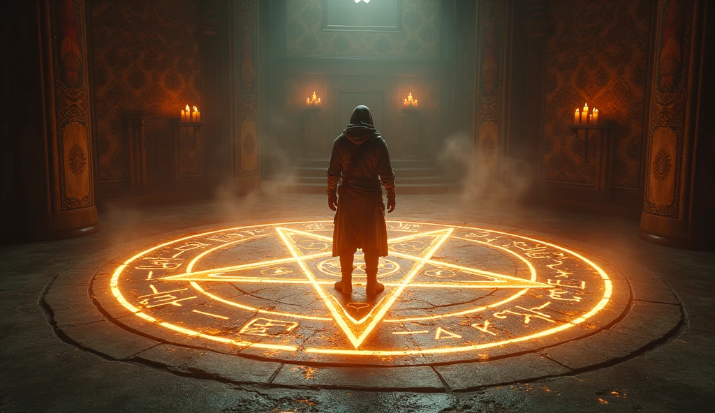 (anime, fantasy, adventurer), a summoning circle, pentagram, glowing rune, medieval cult