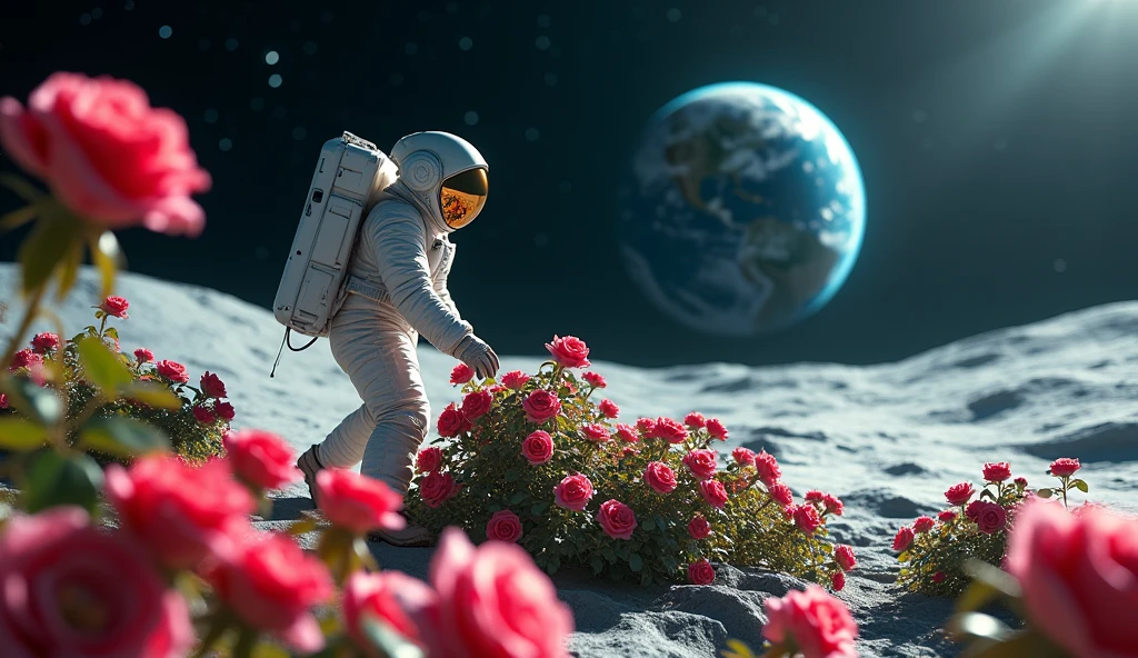 Imagine Astronaut on moon harvesting roses 8k