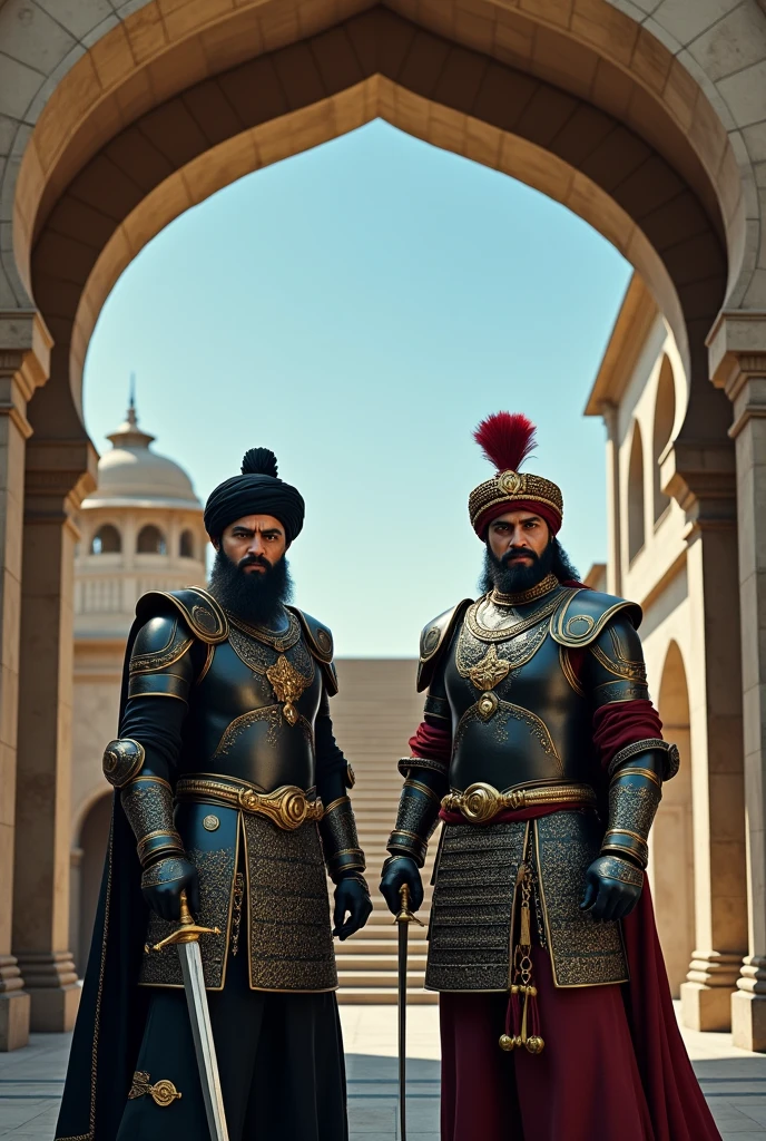 The image shows two men dressed in traditional Indian armor, standing in front of a stone archway. The man on the left is wearing a black suit of armor with gold accents and a turban on his head. He has a beard and mustache and is holding a sword in his right hand. He is also wearing an orange turban and has a serious expression on his face. The background shows a building with a blue sky and a staircase leading up to it. The image appears to be a still from a movie or TV 