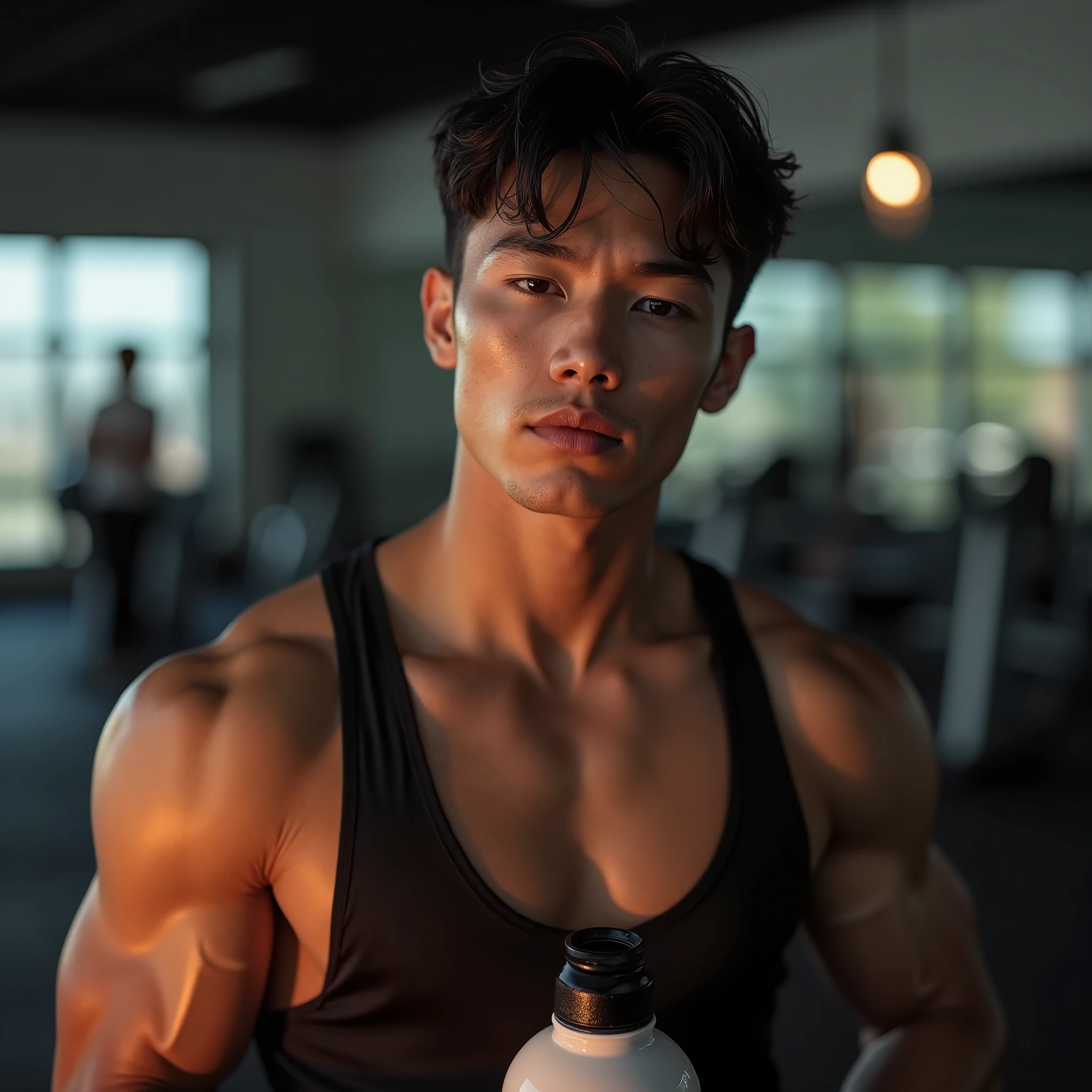 generate a master photograph describing a shapely Man, a casual, close-up shot of a fit, handsome male model in workout gear, (8K, best quality), smile, no beard,clean-shaven, smooth complexion, clear features, young-looking, brown hair, black hair, (hard chest, six pack, v cut), wear male tank top, holding a water bottle and looking directly at the camera with a thoughtful expression. The background is a simple gym setting with subtle lighting, (He has sexy hard chest, Most sexy v-cut , Most sexy six pack), Manly, Mancore, (He has fit chest, sexy six pack, sexy v-cut, extremely sexy hips), (asian skin, glistening skin, beautiful complexion), shot on Fujifilm superia, (Studio soft light, high detail, cinematic lighting, rim lighting), Style: (hyperrealistic, by DynastySeries FashionNova, photo, {{{masterpiece photography}}}, analog photograph, professional fashion photoshoot, trending on artstation, synthwave, krrrsty), Quality: (photographed, masterpiece, highest resolution), Definition: (highres, sharp focus, 8k uhd, ultra photo-realistic resolution), Film: (80 mm, shot on portra 120, shot on Fujifilm), Resolution: (extremely detailed, (sharp focus:1.5), cinematic lighting, dramatic lighting, ultra photo-realistic), luxury: