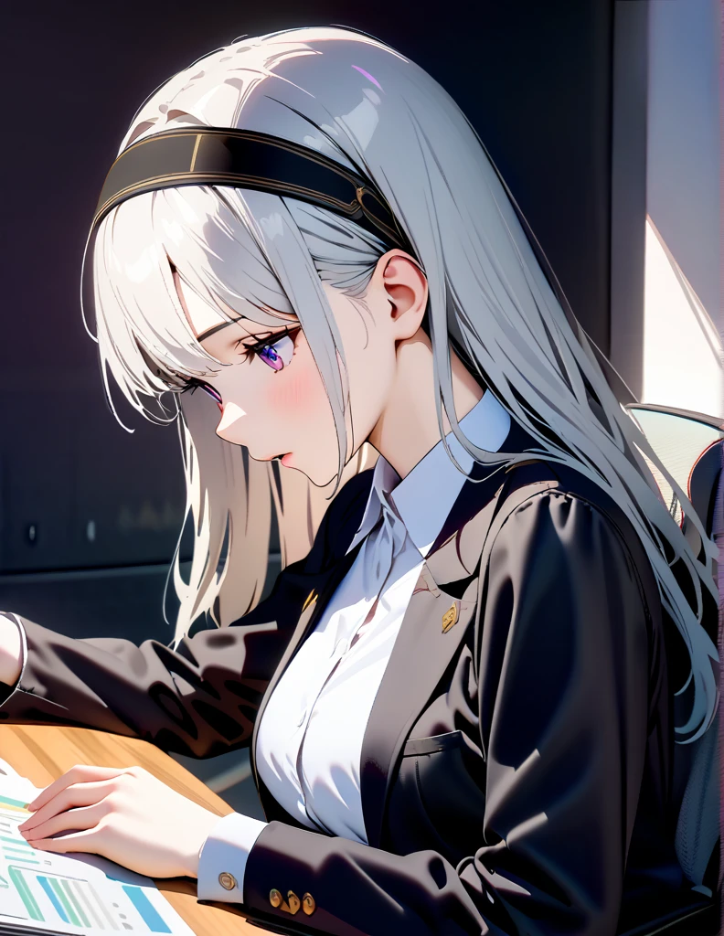 masterpiece, top quality, Super details, 8K, Detail lights, Detailed shadows, (real: 1.2),, 1 girl, silver hair, wearing white shirts and black blazer, headbands, sitting on office chair,purple eyes, moderate breast, half body portrait