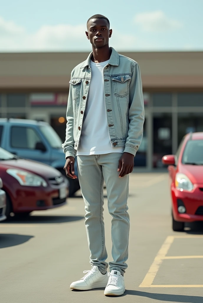 best qualityer:1.4), (ultra high resolution:1.2), (photorrealistic:1.4), (8k, CRU photo:1.2), a thin young man of 20 years old, skin black, with a smooth, beardless face, corte de cabelo buzzcut. He is wearing a white shirt and light jeans.. This one in white Nike sneakers. He is wearing a light denim jacket. It's in a shopping mall parking lot. thin build. 1,75cm tall. It's sunny. thin build. is looking at the camera
