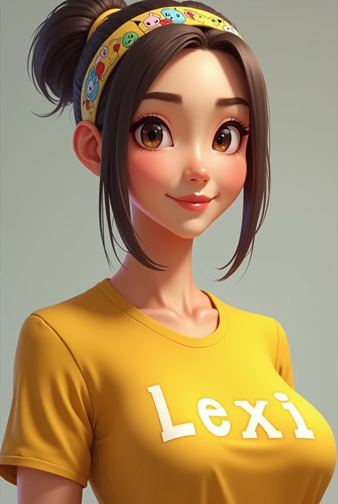 Make a realistic matured women with pokemon headband and wearing yellow shirt with name Lexi