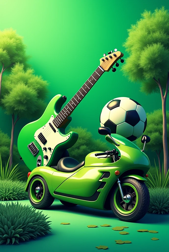 A wallpaper with guitar, car, bike and football with green as the color pallete