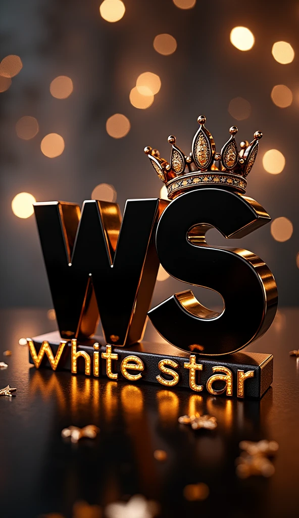 3D writing logo "ws" in glossy black glass. There is small text "WHITE STAR" glossy gold color.high quality luxury crown star logo and details.party stage background HD photography 