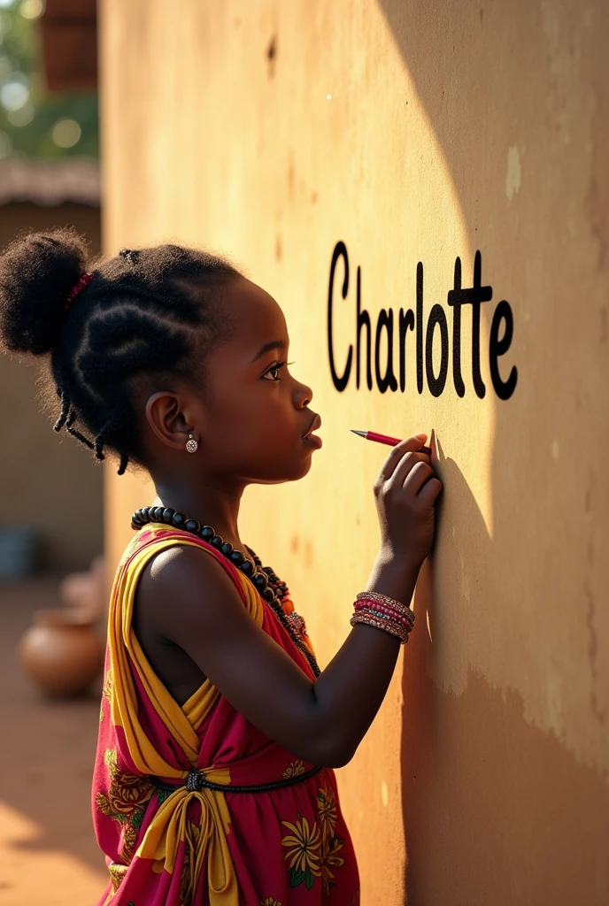 an african girl writting the name "Charlotte" on the wall