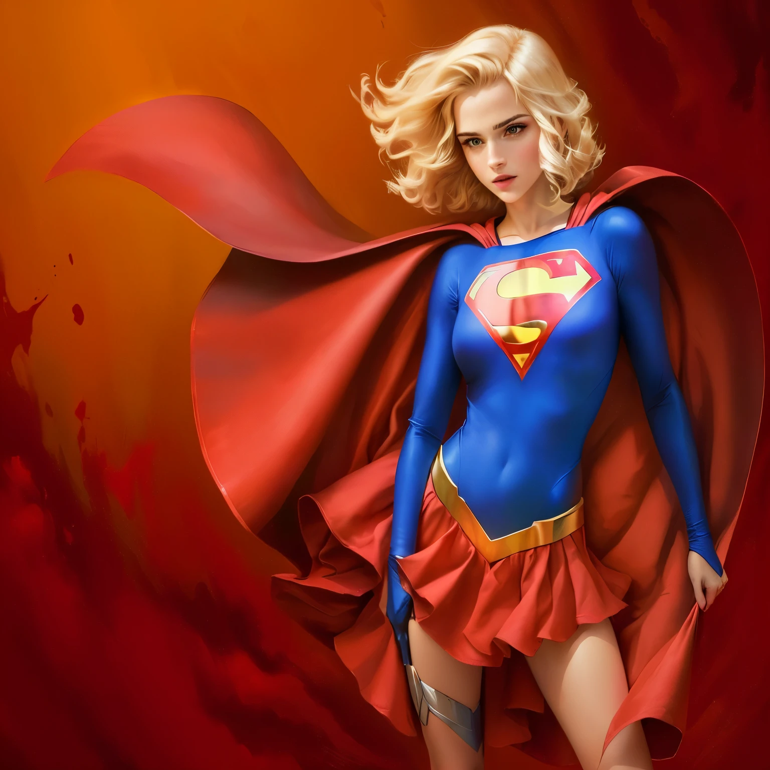 a woman in a Superman costume standing with her cape up, Supergirl, toll, powergirl, Super-Held girl, emma watson as Supergirl, supermodel, SuperHeld, gal gadot as Supergirl, female SuperHeld proportions, Superman pose, Held, Superman, fan art, supermodel, Super Held art, Super Heldine costume, Super Held, Super, Profile shot, Comic-Digitalkunst