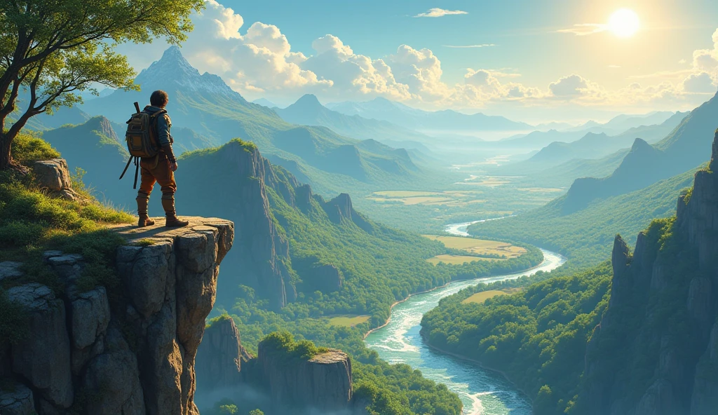 (anime, fantasy, adventurer), an adventurer arrived in the new land, standing on the edge of cliff. {4k texture} {detailed landscape}