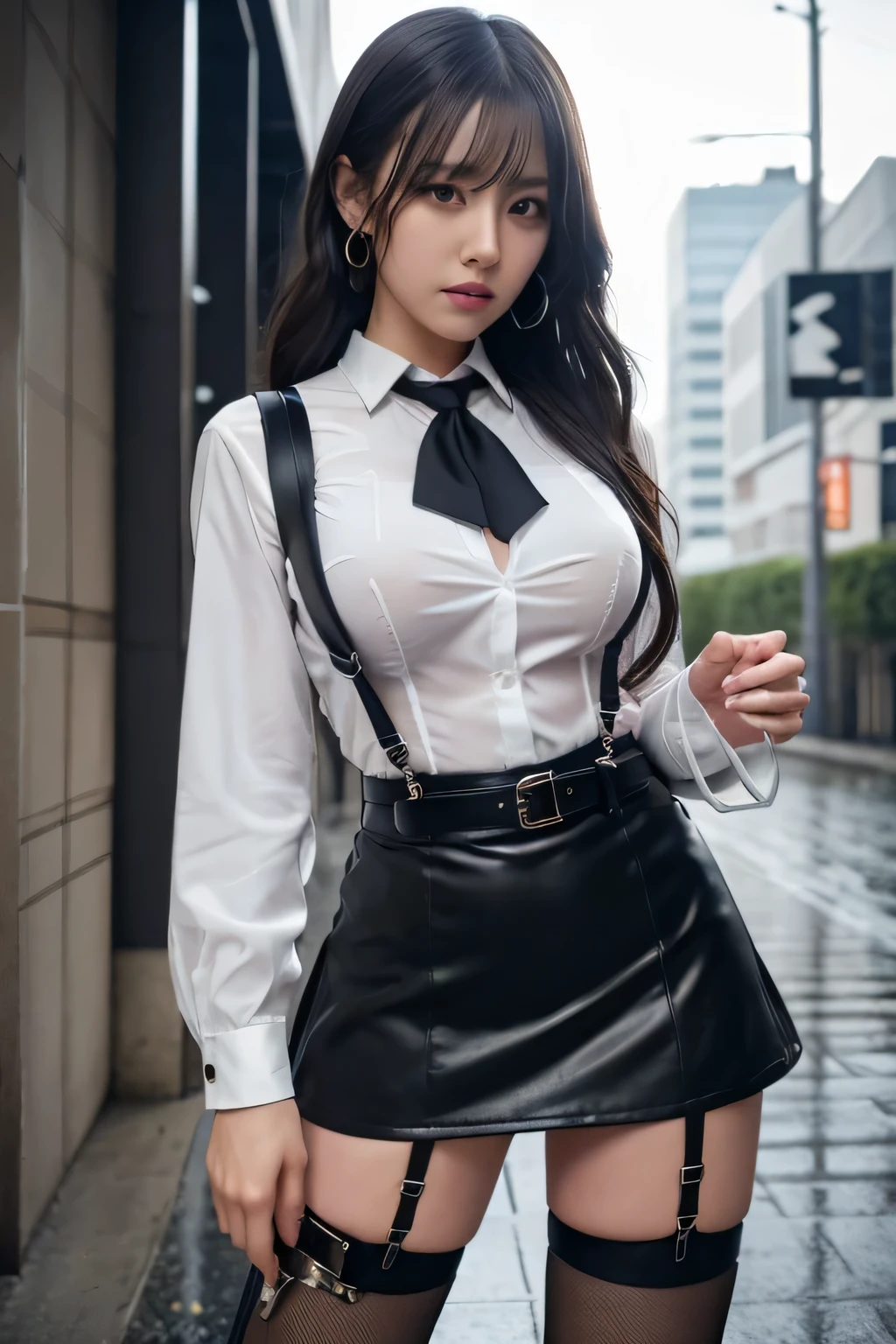 a woman in a suit, belt, hands sweating, suspenders, ,, large breasts, see-through clothing, rain, detective, office worker, white button-up shirt, (best quality,4K,8k,highres,masterpiece:1.2),ultra-detailed,(realistic,photorealistic,photo-realistic:1.37),face and body, Slender　thin　suspenders　　Nipples　holster　chain　Pistol　Armament　criminal　Female criminal　knife black mini skirt　garterベルト　garter　Knee-high　Knee-highソックス　Absolute area
