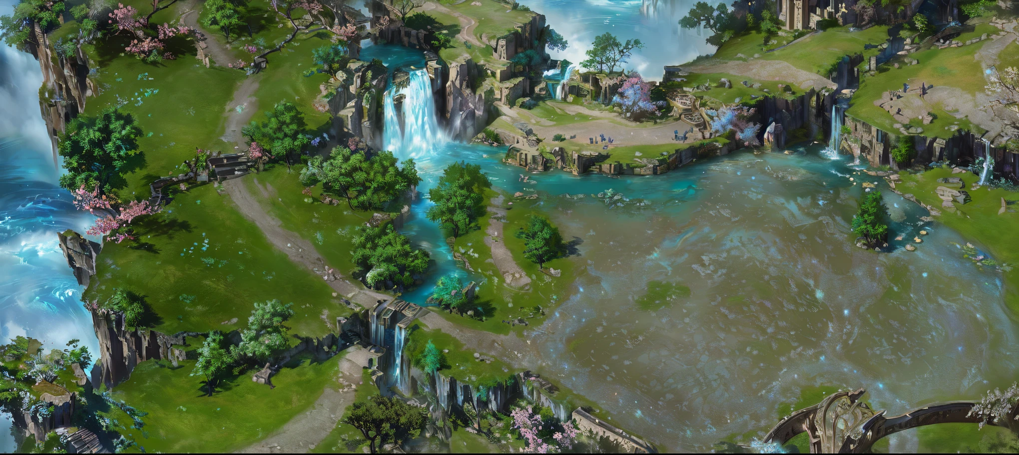Close up of a map of small waterfalls and rivers, Game Map matte painting, Waterfalls and lakes, Ancient ruins and waterfalls, Game Map, Screenshots with ui, Screenshots, Screenshots, Stunning screenshots, Heroes of Might & Magic 3, There are waterfalls and rivers, Detailed screenshots, Screenshots, 视频Screenshots>, Beautiful screenshots