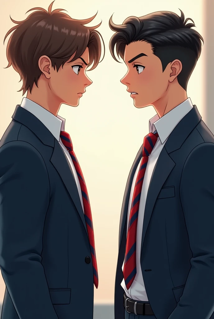 image of 2 boys in their school uniform white long sleeves with red and blue striped neck tie and dark blue blazer. one on the right has short gelled up black hair, brown eye, chiseled jaw and diamond shaped face well build, a height of 6'1 feet and has olive skin tone, he's italian-german. the other one on the right has mid length wavy brown hair, hazel eye, soft chiseled heart shape face, a height of 6'0 feet, he's italian and has light olive skin. both of them on side view looking at each other angrily.