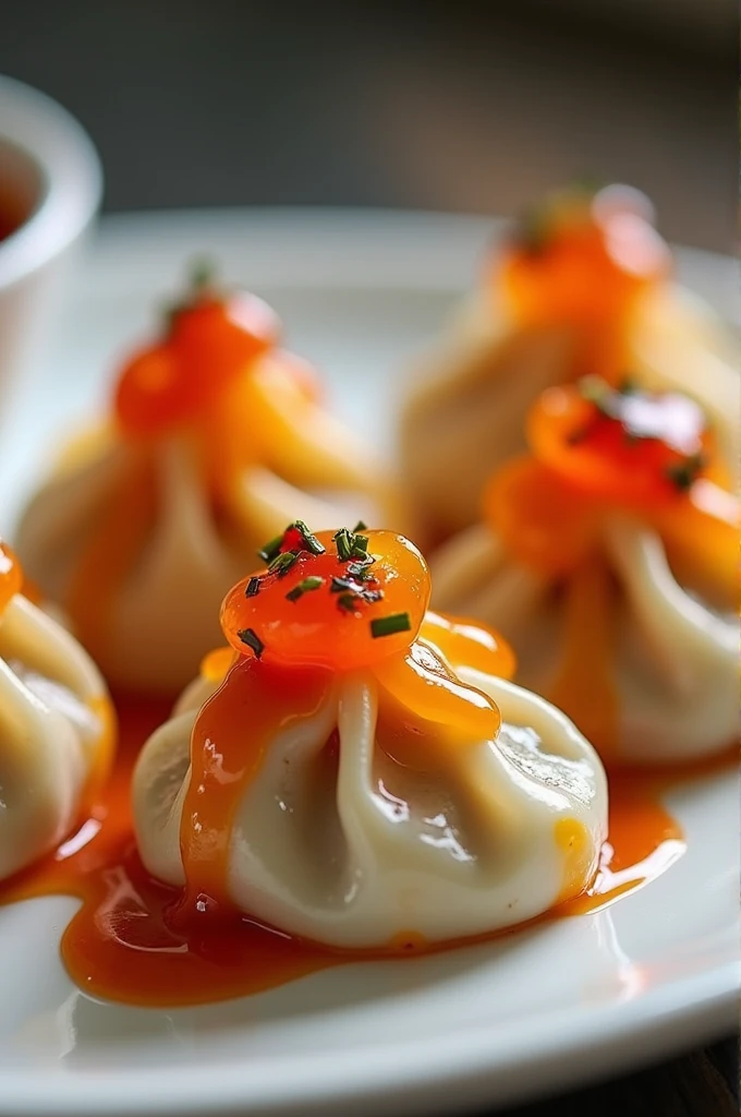 4 piece's of siomai with chili sauce on top 
