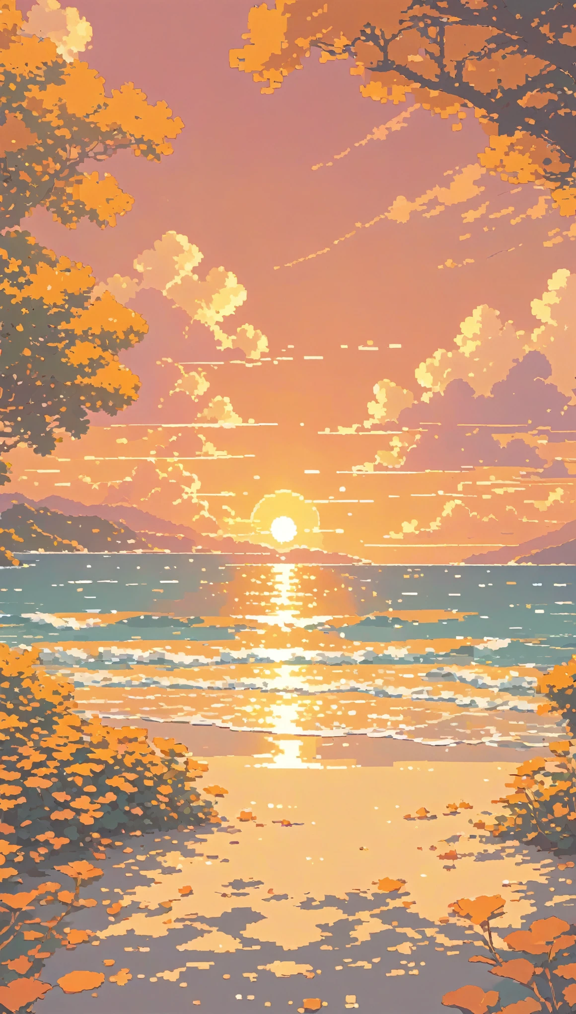 lofi pixel, No people ,Cozy,Orange Pink ,sea