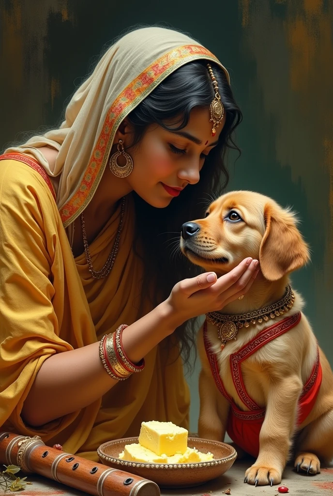 Devaki feeding butter to Lord Krishna in his childhood. Here Krishna will be in the form of a dog, the dog will be little brownish color golden retriever. Both dog and devaki face will be clearly visible. Both dog and devaki are looking in front. A flute will be present near the dog and the dog will also be wearing Indian traditional dress, and the dog will be decorated like Lord krishna.