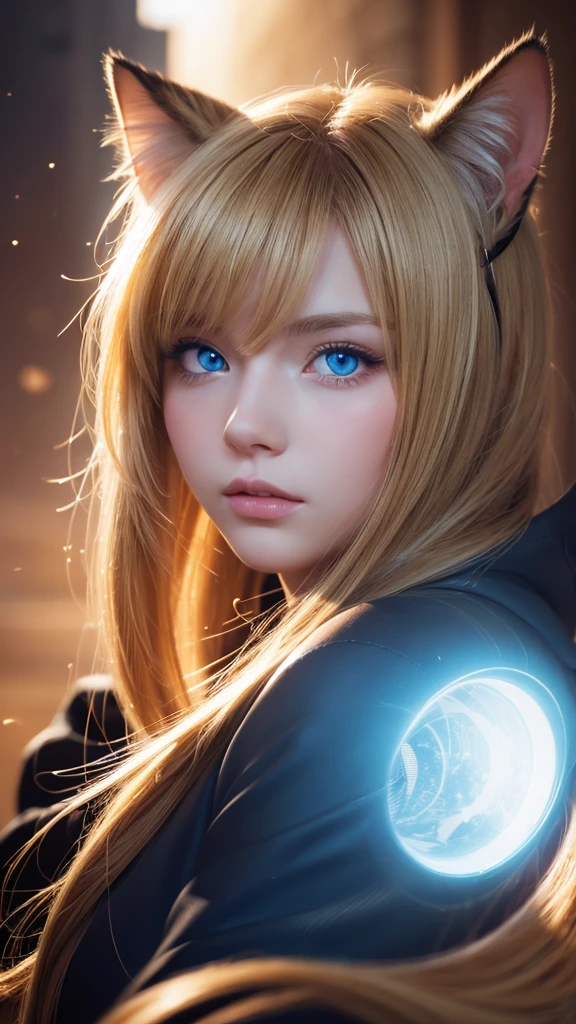 One person, High resolution, Long Hair, vision, Shortcuts, blonde, blue eyes, Cat ear, Portraiture, far and near method, Motion Blur, shape, Fantasy Background, anime,