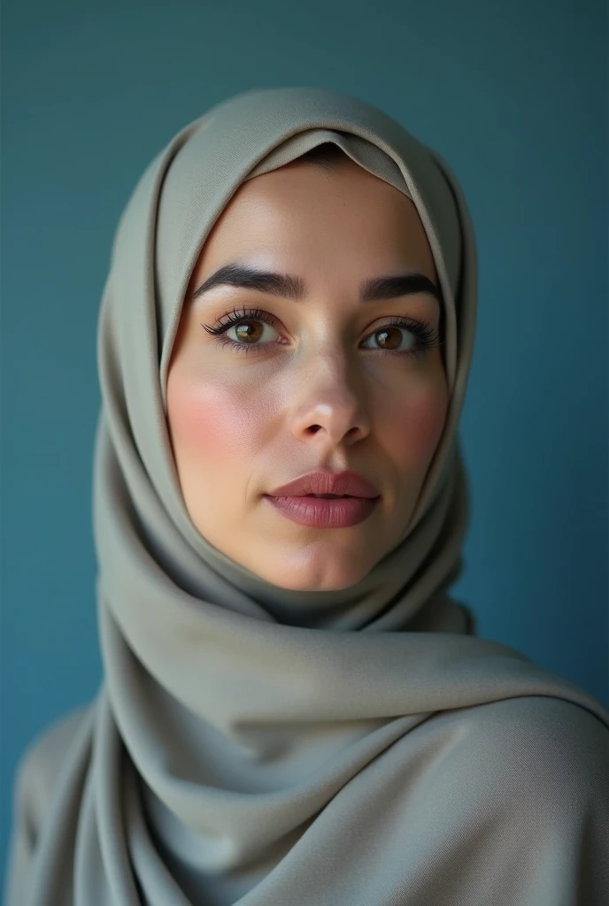 Half body portrait .Hijab girl in studio . Two light photography. Shoot by canon r1. Two soft light come from godox v1.. blue background. Pink lips. Hidung pesek. Dahi luas . Pakai selendang. Mata bersih. Umur 40 tahun.