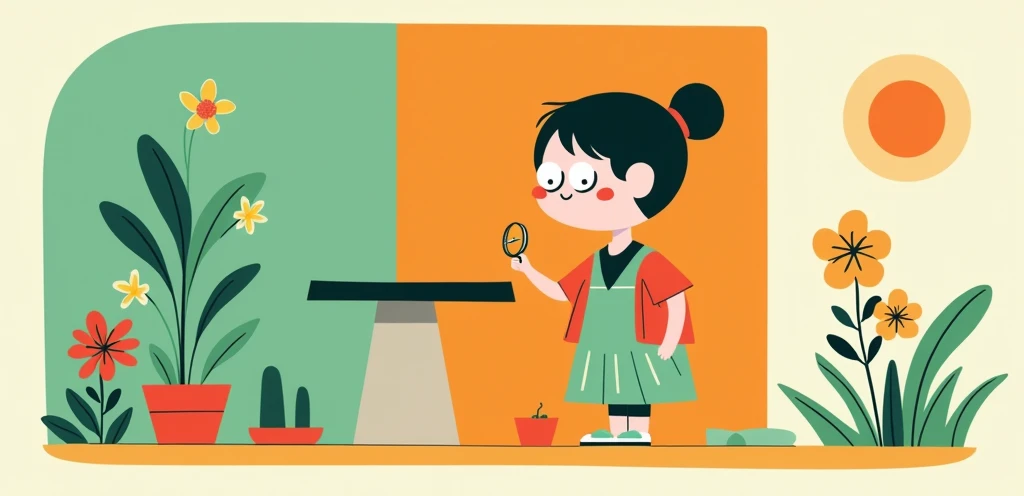 Victor Nai's style, beautiful details,simple,modern,advanced,cute,Color blocking,flowers,Orange,light green,grid,line,illustration,vigor,pixar