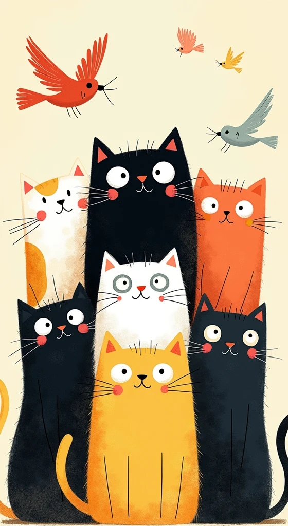 Seven cats, stacked on top of each other, looking up, little birds, childish and warm, Style cartoon, illustration, cute, healing