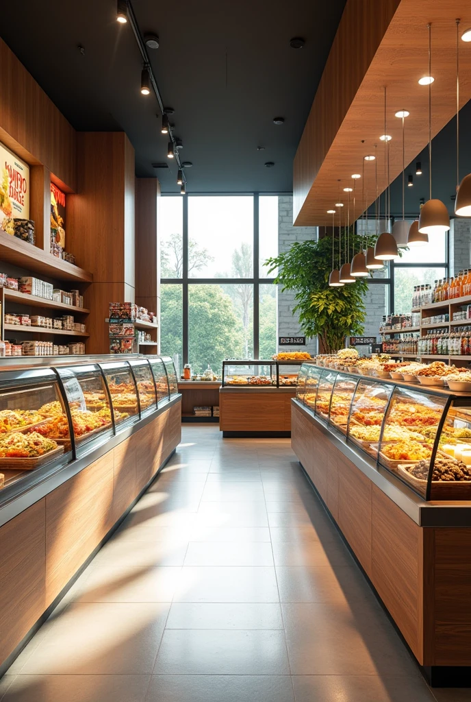 Supermarket with ready-to-eat food, no people