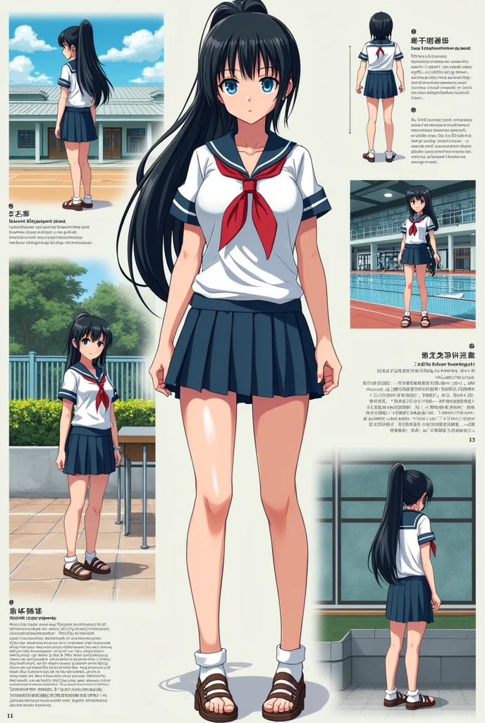 Akira is a beautiful tall, curvy young woman with large chest. She has long black hair in a ponytail that reaches her backside, square bangs and light blue irises.

She wears her school uniforms which are a short-sleeved white blouse a red bow-tie, a matching red, short suspender skirt with white stripes, blue knee highs, and black shoes.[6] In gymnastics class, Akira wears a white and red v-neck shirt and red underwear.[2] While playing volleyball, Akira wears a sleeveless, white and blue shirt with a black collar, blue shorts, black armbands, black kneepads, long white socks, and white and black shoes.[7] In swim class, Akira wears the school blue one-piece swimsuit with white (or orange) stripes.[8] When she runs, she wears a white t-shirt, grayish-blue shorts, and white and black shoes with green arrows pointed towards each other on the shoe flaps.[9]

Body Measurements
Akira has a bust measurement of 92.2 cm (G cup), a waist measurement of 58 cm, and a hip measurement of 90 cm.[2][1] After some time, Akira's breasts grew two centimeters and her waist grew five centimeters to 63 cm.[10]