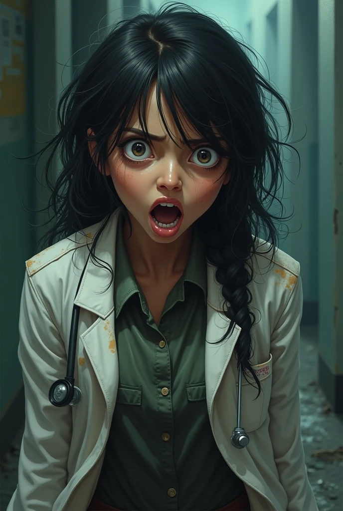 A doctor girls scared and shocked with dark circles messy hair in air and dirty clothes alot and shouting more scared and Bengali more scared wearing a indian suit and doctors coat a little dark more dark a little realistic 