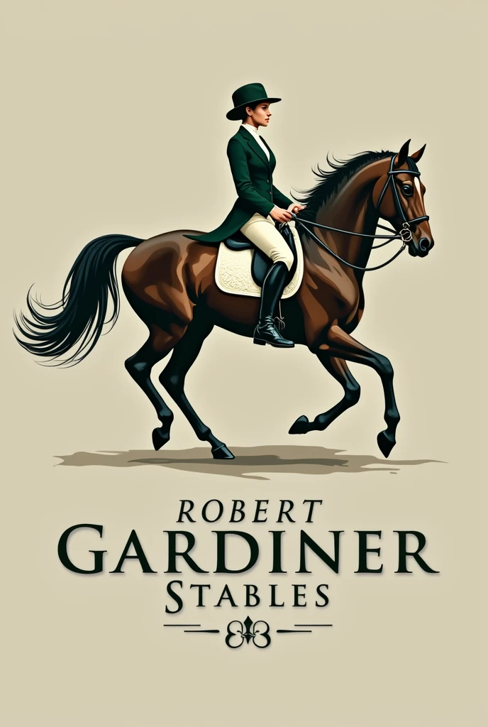 Create a sophisticated logo for "Robert Gardiner Stables" featuring a detailed illustration of a rider in elegant equestrian attire riding a horse. The rider should be depicted in a graceful pose, with the horse showing dynamic movement. Use a refined serif or script font for the text "Robert Gardiner Stables," integrating it with the image in a harmonious layout. Employ rich, luxurious colors such as deep golds, dark greens, or with no background