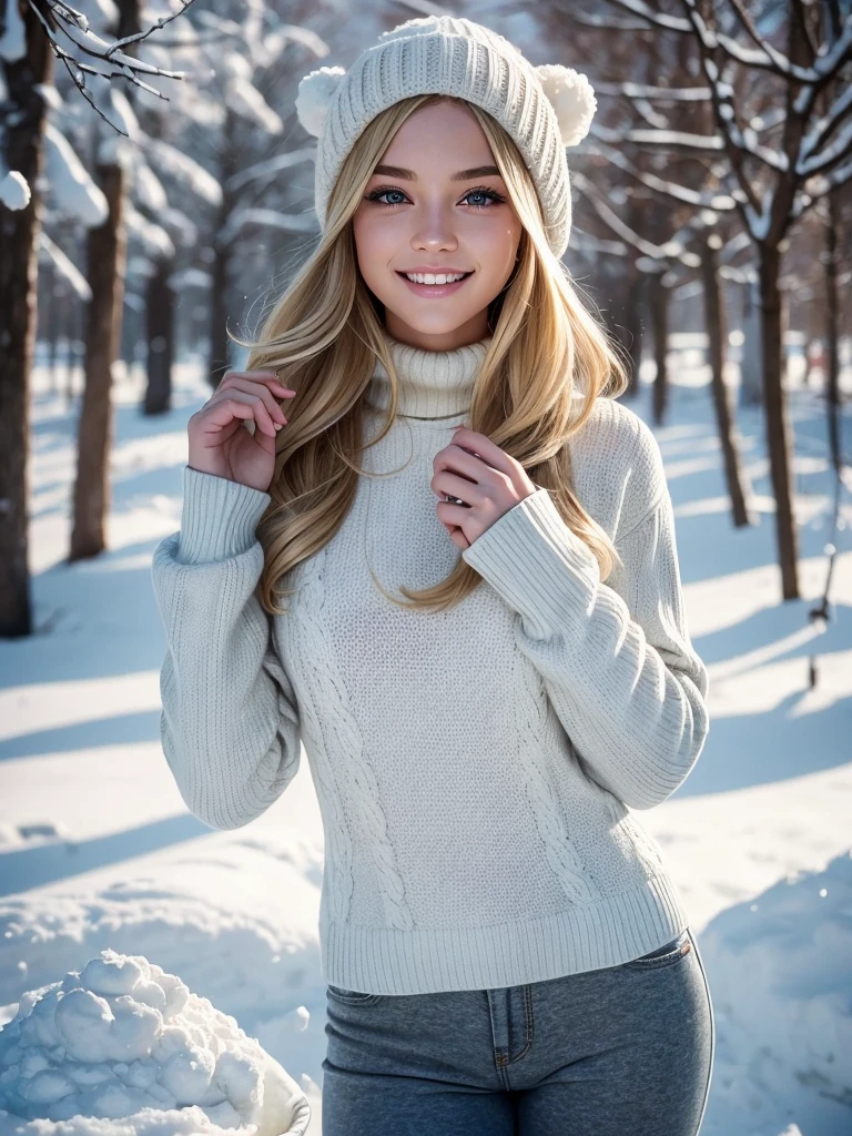 Ultra-high resolution, masterpiece, One gorgeous blonde woman with long wavy hair wearing a woolen turtleneck sweater, Bonnet on the head、Tight pants, 2, She is a Playboy model., (Action pose of throwing snowballs:1.0), I really enjoy snowball fights, (Holding a small snowball in hand:1.0 ), smile, happiness, Canon 85mm, depth of field of light, Kodak Ektar 200, perfect fit body, Very detailed, Kodak Gold 200