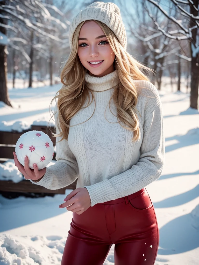Ultra-high resolution, masterpiece, One gorgeous blonde woman with long wavy hair wearing a woolen turtleneck sweater, Bonnet on the head、Tight pants, 2, She is a Playboy model., (Action pose of throwing snowballs:1.0), I really enjoy snowball fights, (Holding a small snowball in hand:1.0 ), smile, happiness, Canon 85mm, depth of field of light, Kodak Ektar 200, perfect fit body, Very detailed, Kodak Gold 200