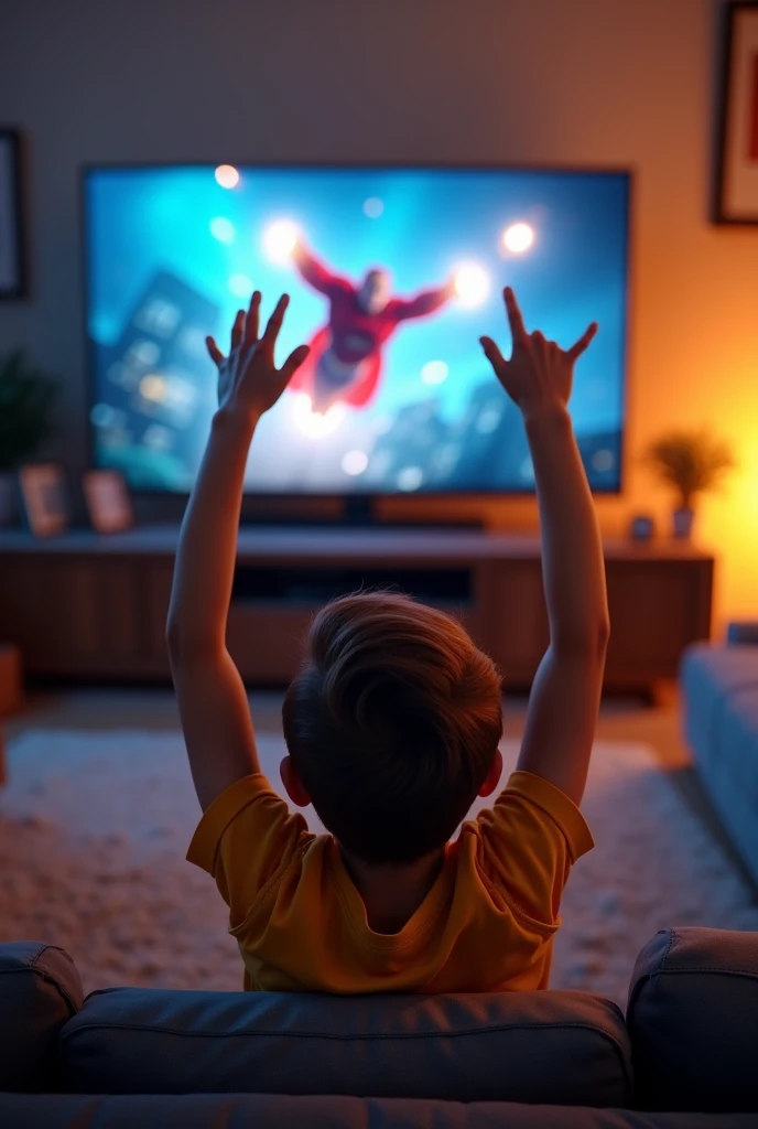 A wide shot of a boy watching his favourite superhero movie on the tv rising his two hand happily 