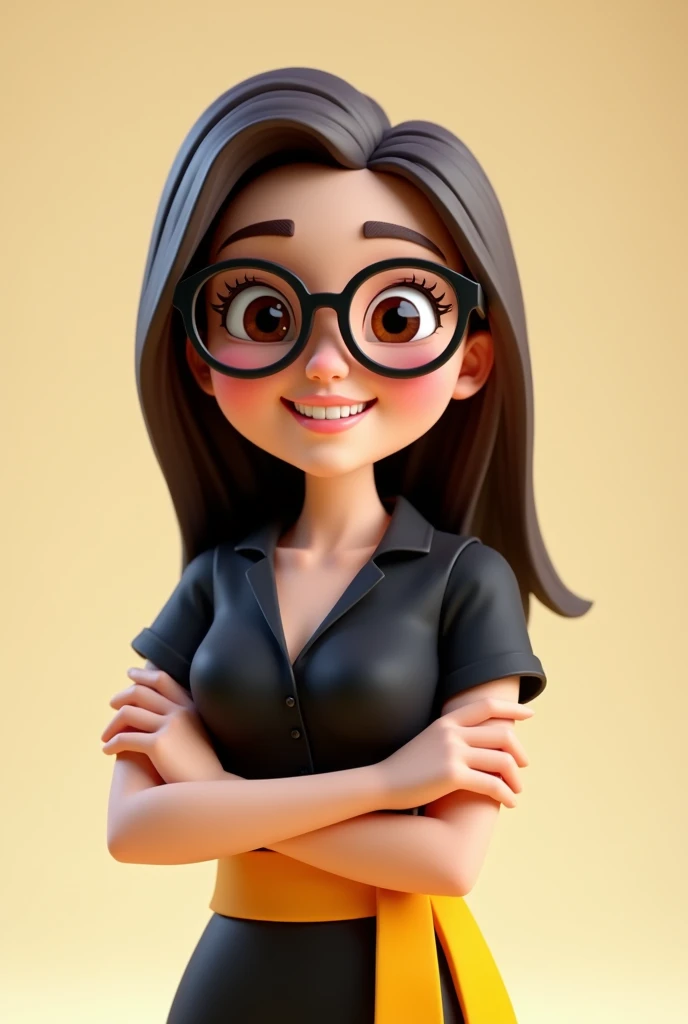 A full body 3D cartoon character. She has a friendly, charismatic appearance and is smiling. The character is a young woman with fair skin, straight dark brown hair, thick eyebrows, large brown eyes and wears glasses. His expression is neutral, with a cheerful demeanor.
The character is dressed formally, wearing a black dress with a yellow sash at the waist.
She has her arms crossed. The background of the image is neutral, which highlights the character even more.