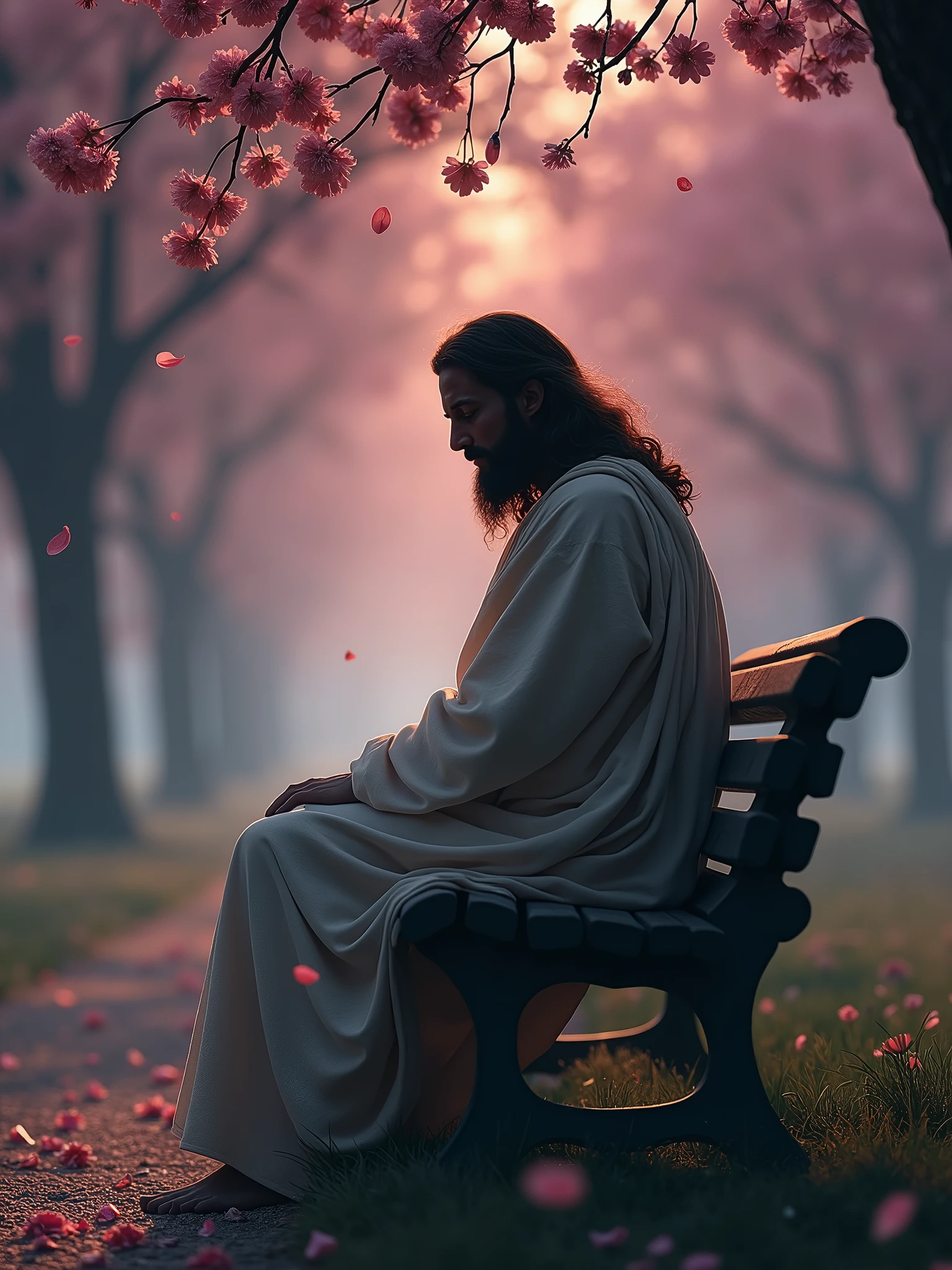 Create a realistic image of Jesus sitting on a park bench designed for two people. Jesus should be positioned with his back to the viewer, at a 45-degree angle, with detailed focus on his robes and hair. The scene should evoke a sense of suspense, featuring a landscape with cherry blossom trees and cherry blossom petals falling from the sky amidst the twilight. The overall atmosphere should be mysterious and intriguing, with dim, diffuse lighting and a subtle mist to enhance the sense of suspense."