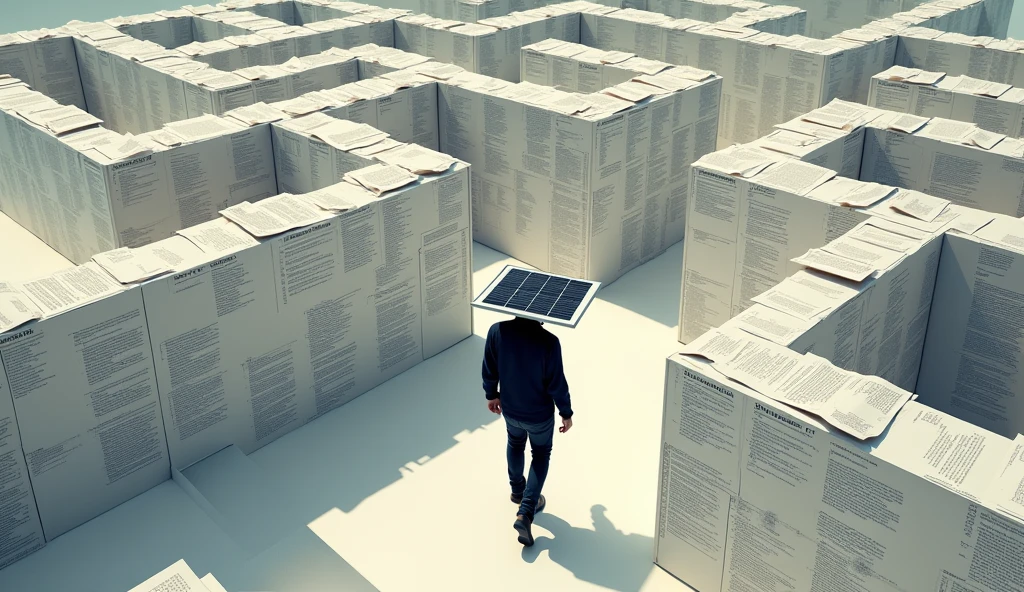 (Isometric), Un labyrinthe avec des murs très hauts, faits de formulaires CONSUEL et de documents ENEDIS. L'installateur, portant un panneau solaire qui dépasse de son dos, essaie de naviguer à l'intérieur de ce labyrinthe