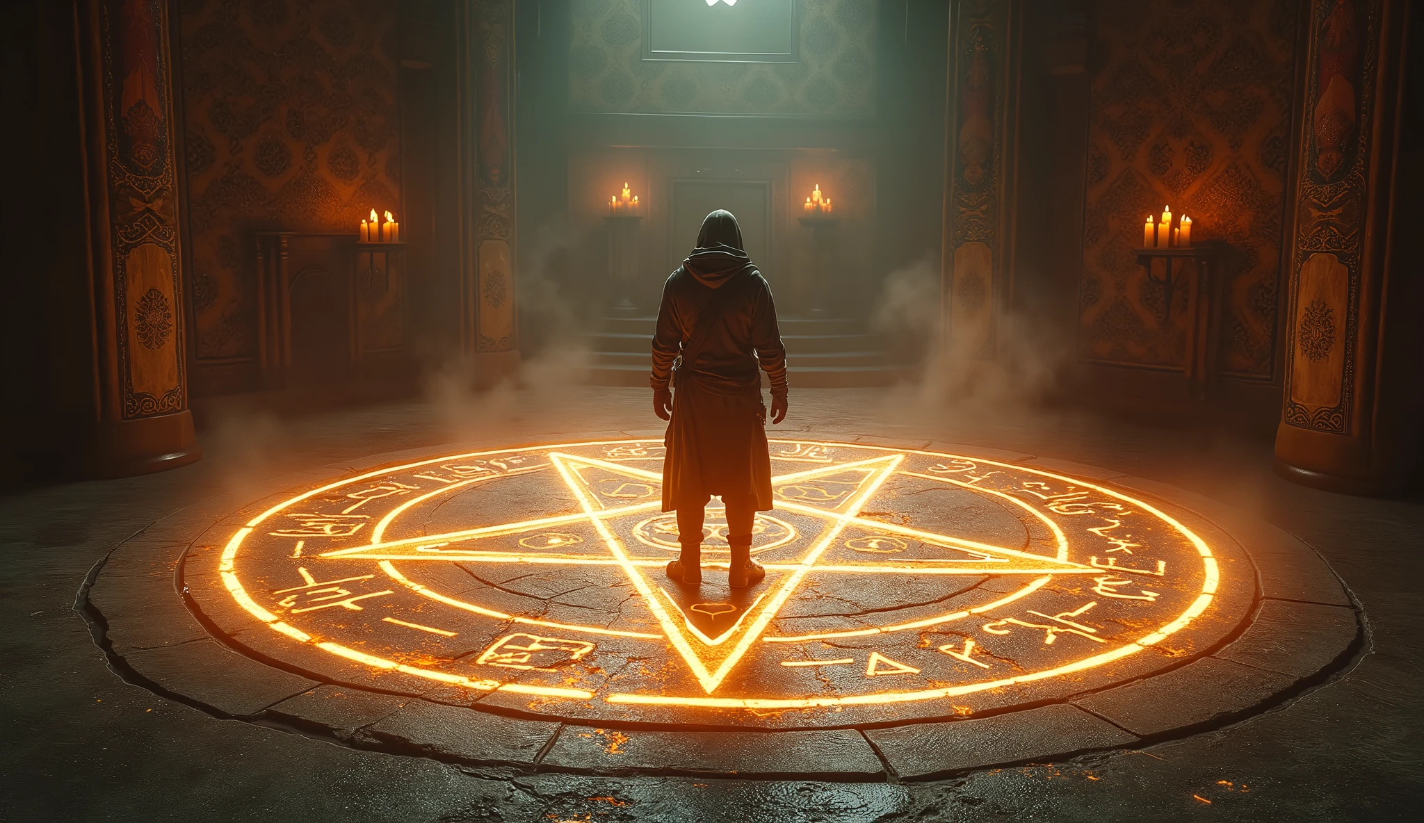 (anime, fantasy, adventurer), a summoning circle, pentagram, glowing rune, medieval cult