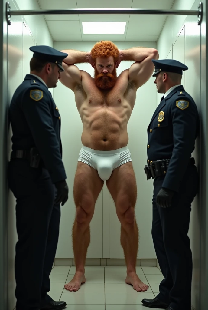 A huge muscular giant German redhead man, bearded and hairy, standing, in white underwear, inside the changing room of a store, with your legs wide apart from each other, with hands raised behind head, having his underwear pulled off by the two police officers, with a woman watching along.