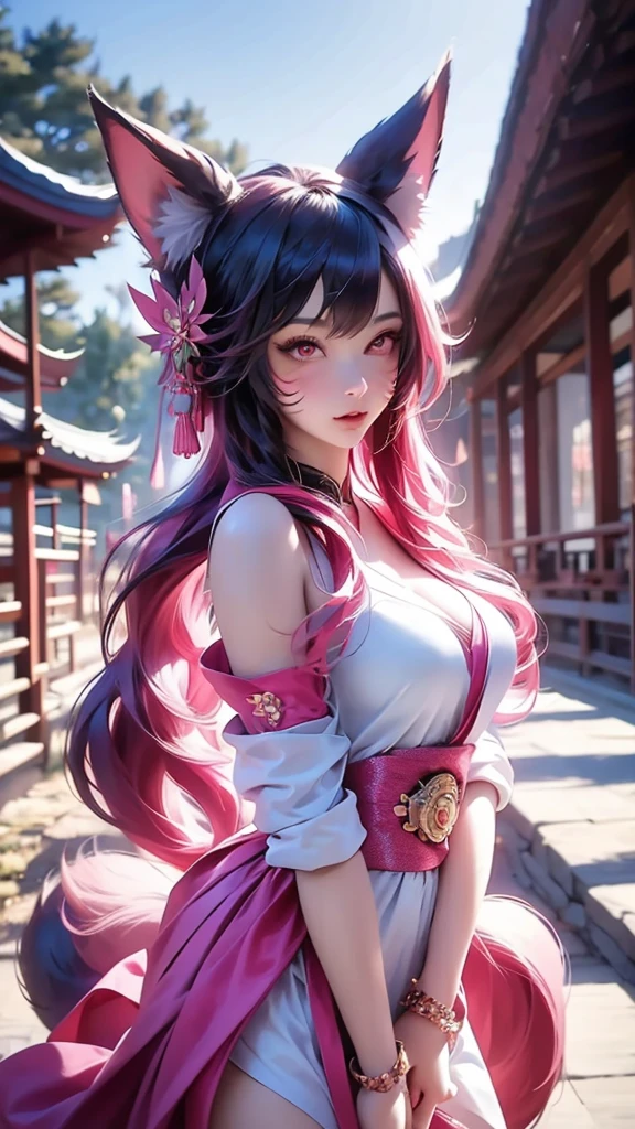 an oriental girl,Pink double ponytail long hair,Fox ears,bell headdress,Big breasts,Wearing Japanese Kimono,Chest bell jewelry,little foot bell jewelry,in front of buddhist temple,runner,4K