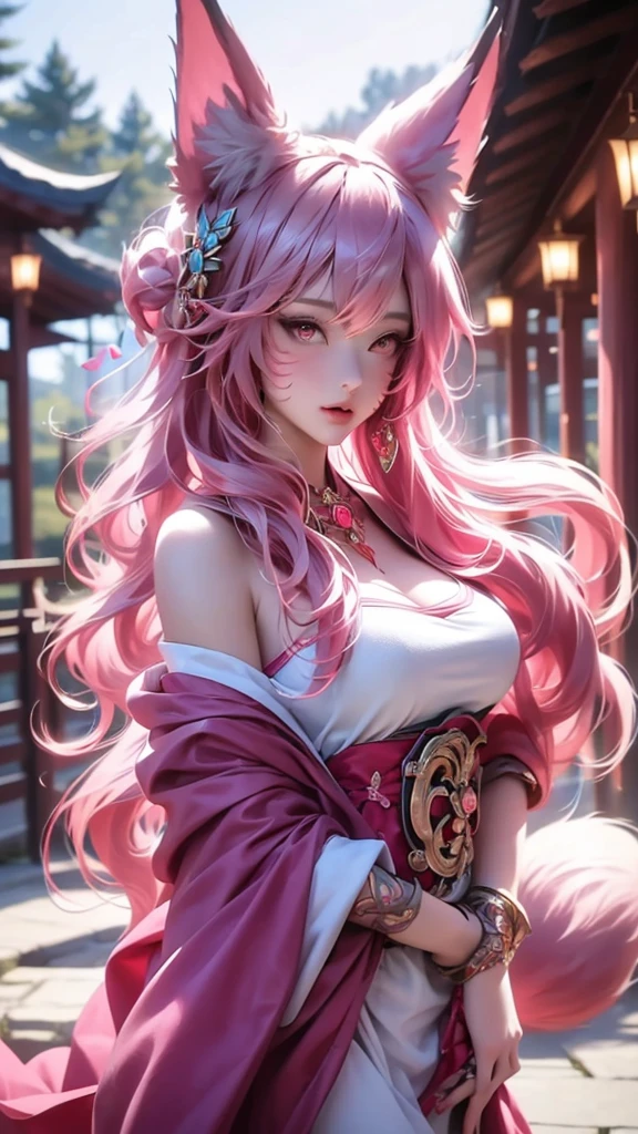 an oriental girl,Pink double ponytail long hair,Fox ears,bell headdress,Big breasts,Wearing Japanese Kimono,Chest bell jewelry,little foot bell jewelry,in front of buddhist temple,runner,4K
