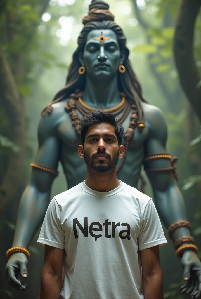 35 years nepali boy, wearing white t shirt netra on tshirt in english letters ,hindu god shiva near him