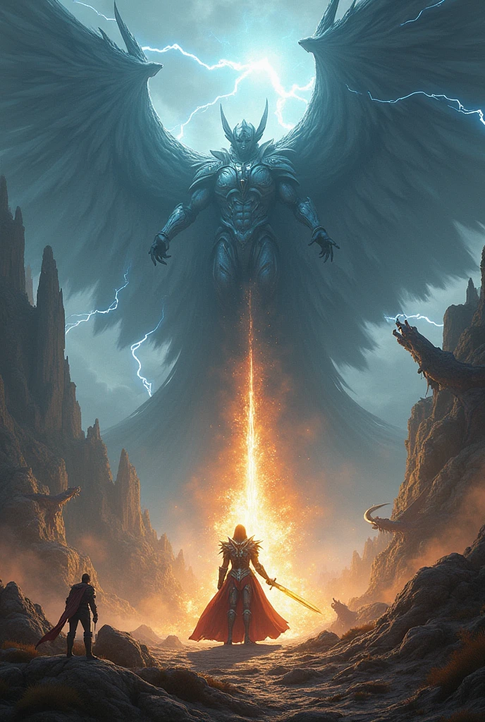 Epic Fantasy Showdown at the Gates of Eternity: Imagine a grand and ancient battlefield where the forces of light and darkness clash for the fate of the universe. At the center stands an enormous, gleaming hero wielding a legendary sword, their armor glowing with divine light, surrounded by swirling energies of power. They face off against a colossal, shadowy figure, an embodiment of pure evil, emerging from a vortex of darkness. The sky is split by thunder and lightning, with towering mountains and vast mystical landscapes in the background. Dragons soar through the sky, and mystical creatures, both fearsome and majestic, rise from the ground, ready to join the battle. The atmosphere is charged with tension and anticipation as the final battle for the cosmos begins.

Attributes: Cinematic lighting, hyper-realistic details, dynamic action poses, grand scale, and a vivid color palette.