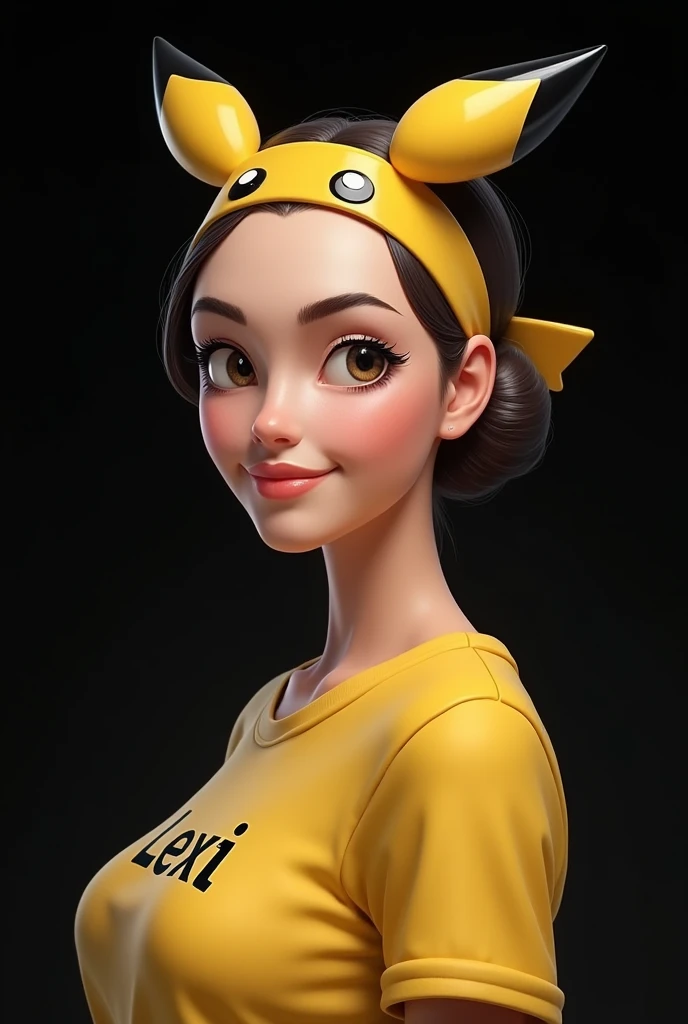 Make a realistic matured women with pokemon headband and wearing yellow shirt with name Lexi and black background 