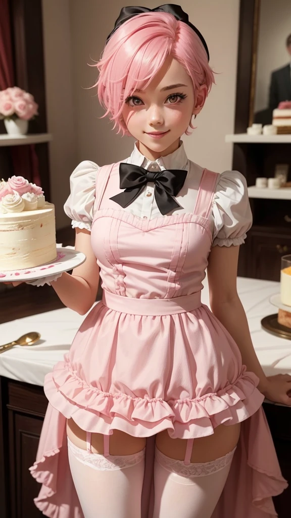 ung boy,pink hair,short hair,Swipe left,Tie a big black bow on your head.,red eyes,bright atmosphere,lucrative,smile,cute,cake,White Rose Garden,pink dress,Pink pants,stockings above the knee