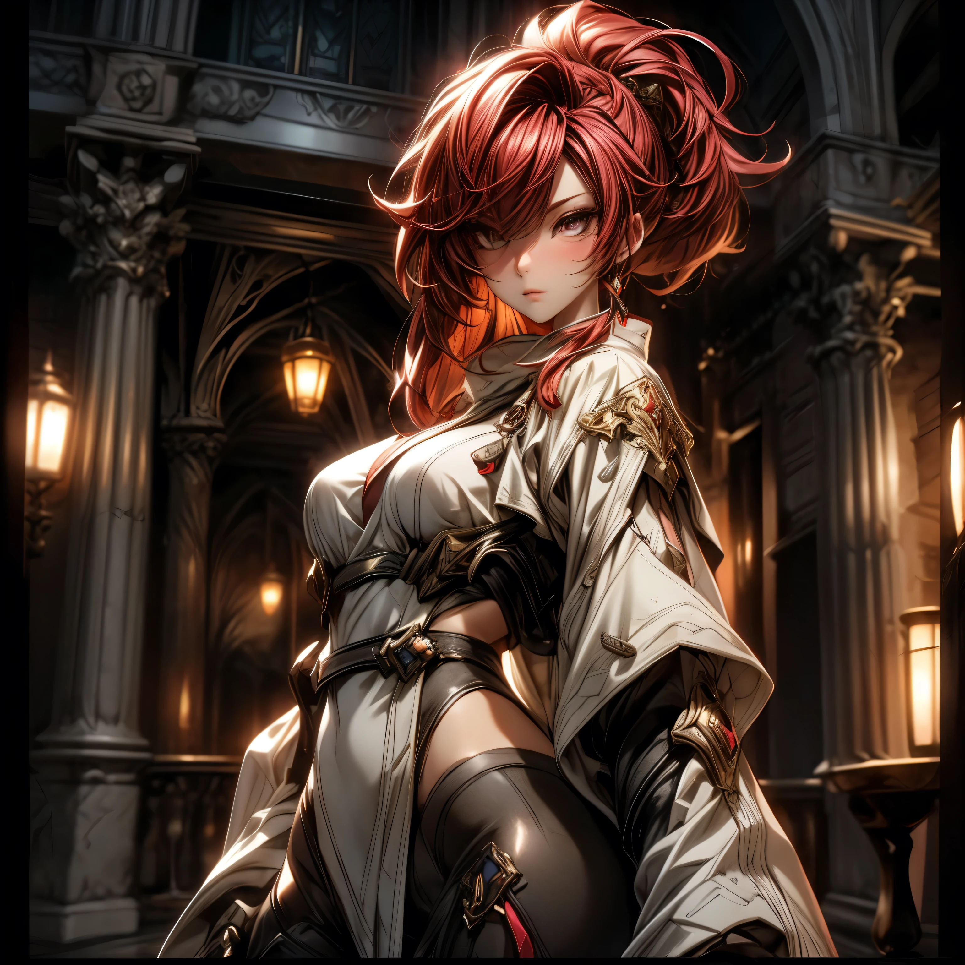(best quality)), ((Masterpiece)), (details:1.4), 3d, HDR (high dynamic range), an image of a beautiful cyberpunk female, Cyberpunk, Fantasy, Red hair, High ponytail, Full body, Beautiful white eyes, จมูกโด่ง, ปากแดง, หน้าอกใหญ่, nvidia RTX, PBR surface, After processing, Anisotropic filtration,depth of field, Maximum clarity and clarity, multi-layered surface, Subsurface scattering, perfect proportions, 8K raw files, ultra detailed, Perfect proportions, volumetric lighting, soft lighting, Holy Paldin, Heavy Silver Armor, Red dress, glossy skin, intricate Golden embroidery, Castle background, jewely, ต่างหู, นิ้วมือสมบูรณ์, Red mini skirt,