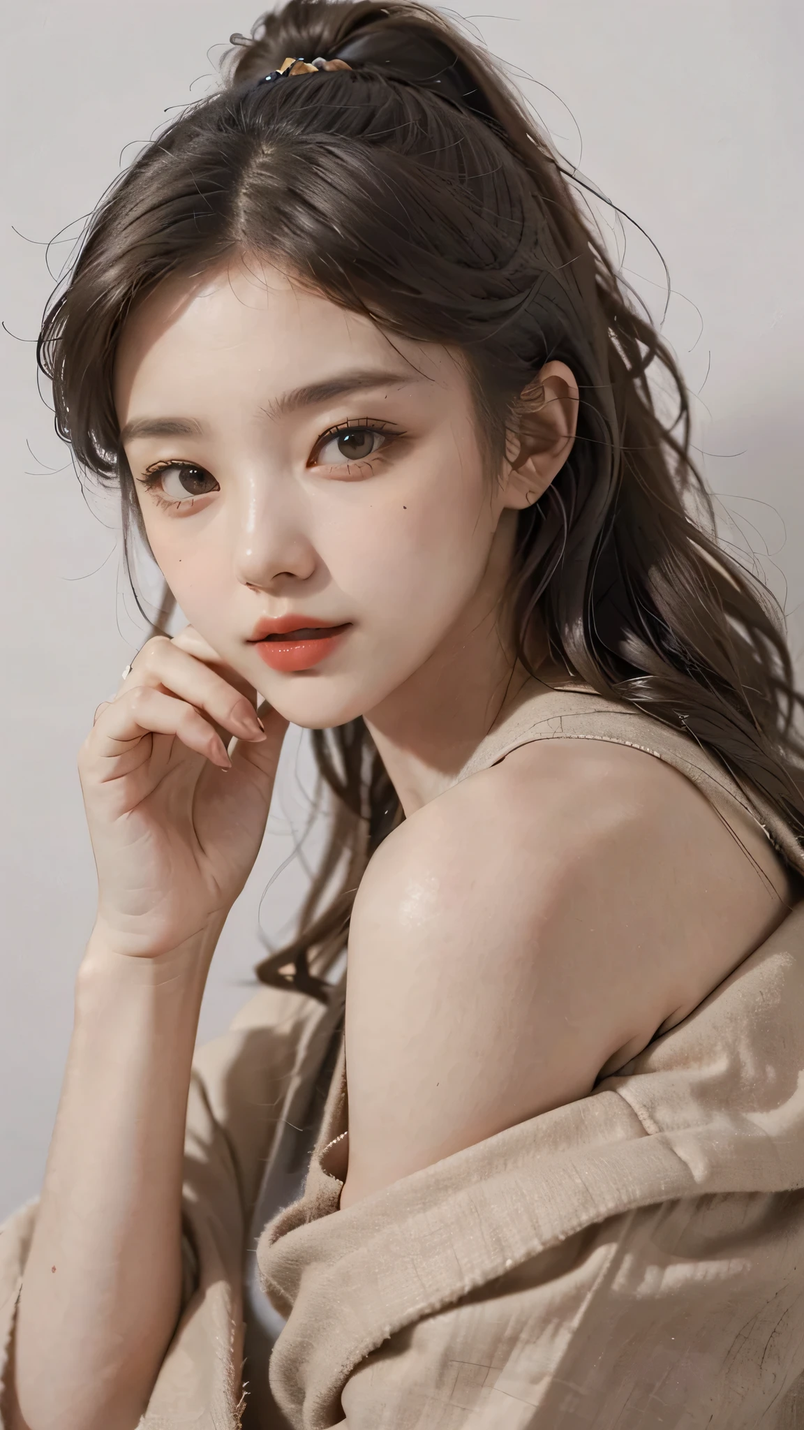 Girl wearing, luxury lavender coat, shoulder length hair, wavy hair, glowing skin, star in eye, red lips, grey background, cute poses