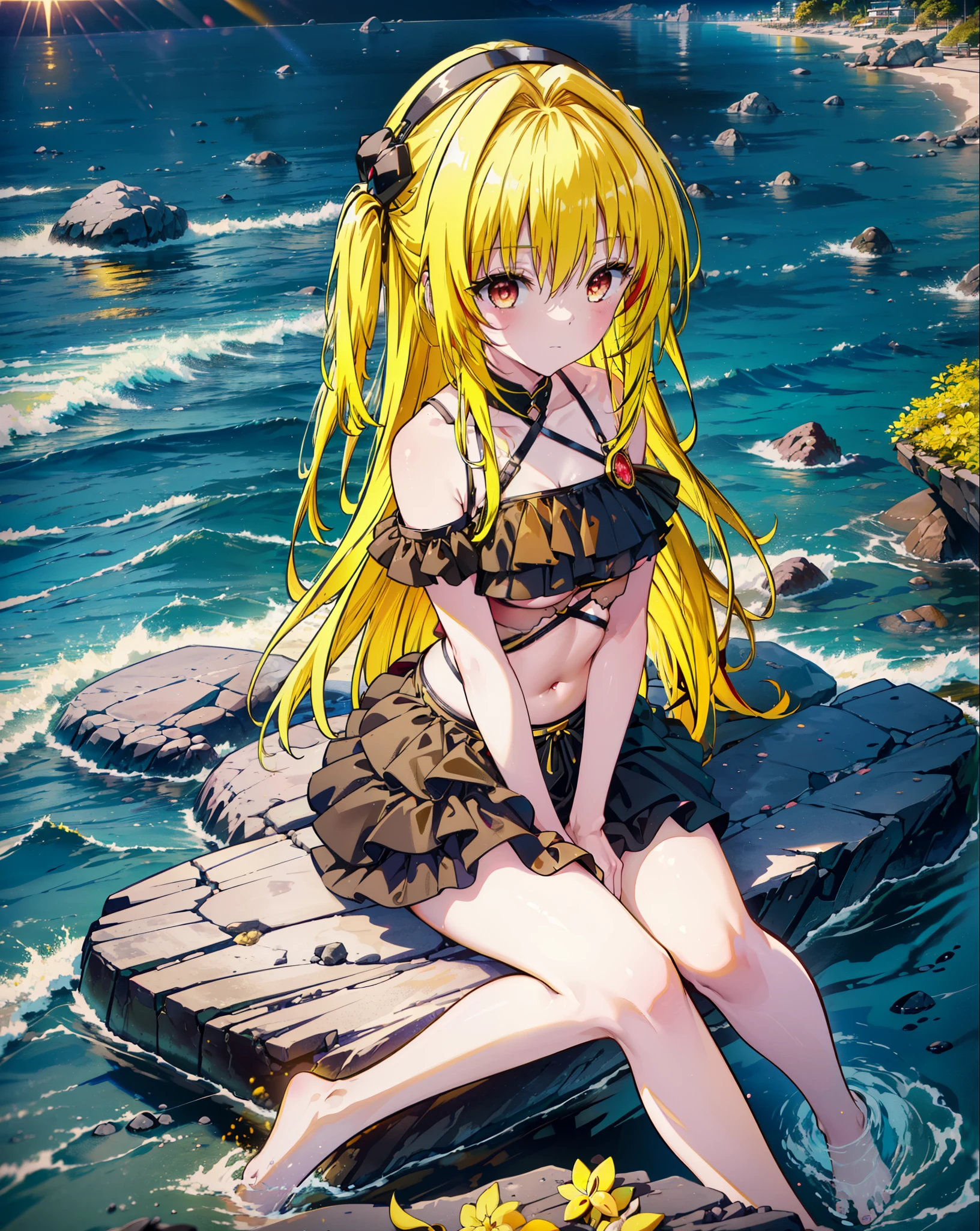 toloverumy, my, (Yellow Hair:1.5), Long Hair, (Red eyes:1.5), (hair ornaments:1.2), Both sides up, Black frilly bikini swimsuit,,barefoot,Sitting on a big rock,Rocky area,night,moonlight,meteor,whole bodyがイラストに入るように,
break outdoors, Beach,
break looking at viewer, whole body,
break (masterpiece:1.2), Highest quality, High resolution, unity 8k wallpaper, (figure:0.8), (Beautiful attention to detail:1.6), Highly detailed face, Perfect lighting, Highly detailed CG, (Perfect hands, Perfect Anatomy),