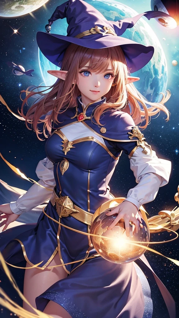 best quality, highres, 1girl, elf, witch hat, floating in space, energy sphere, light particles, shiny hair, shining stars, fantasy,