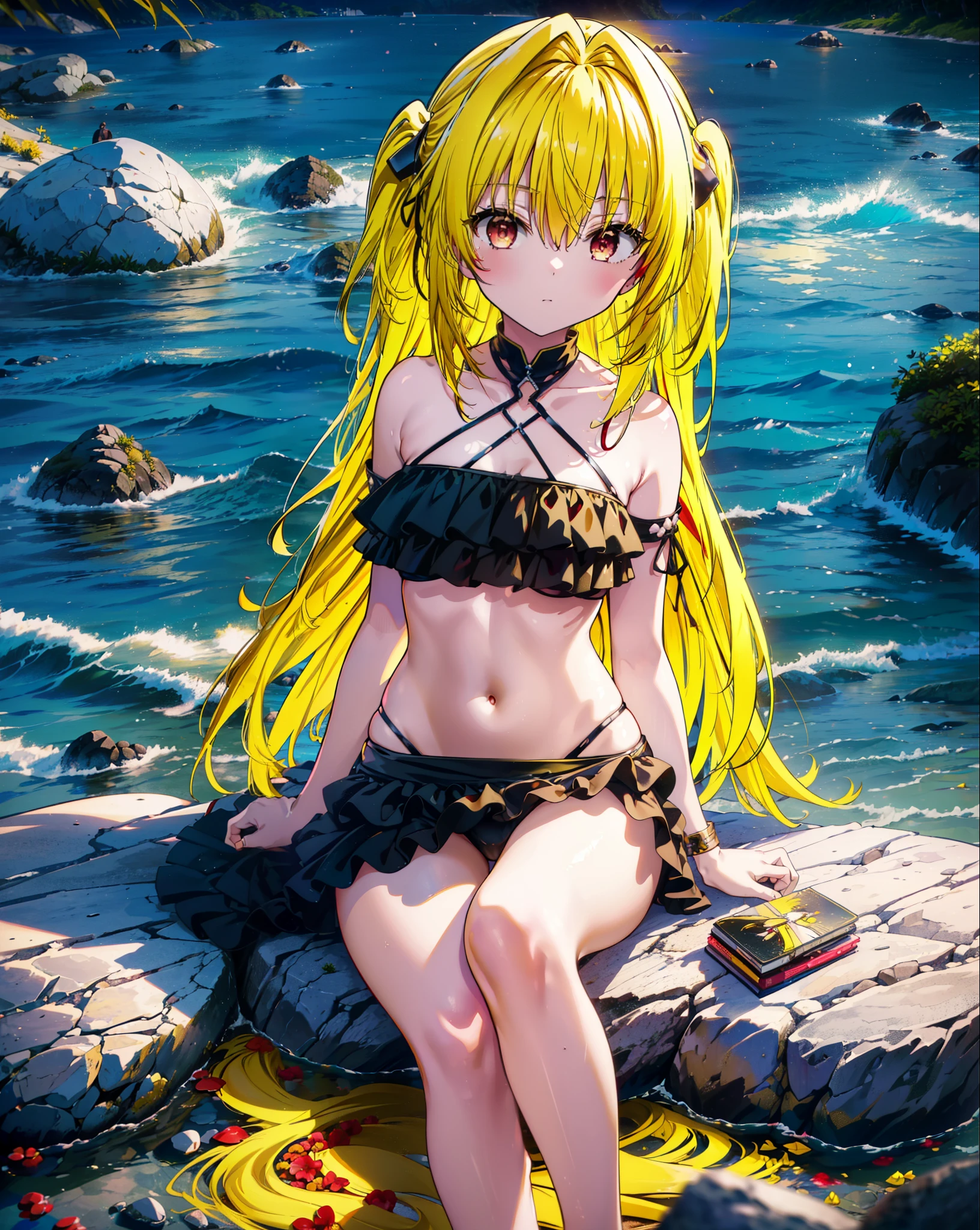 toloverumy, my, (Yellow Hair:1.5), Long Hair, (Red eyes:1.5), (hair ornaments:1.2), Both sides up, Black frilly bikini swimsuit,,barefoot,Sitting on a big rock,Rocky area,night,moonlight,meteor,whole bodyがイラストに入るように,
break outdoors, Beach,
break looking at viewer, whole body,
break (masterpiece:1.2), Highest quality, High resolution, unity 8k wallpaper, (figure:0.8), (Beautiful attention to detail:1.6), Highly detailed face, Perfect lighting, Highly detailed CG, (Perfect hands, Perfect Anatomy),