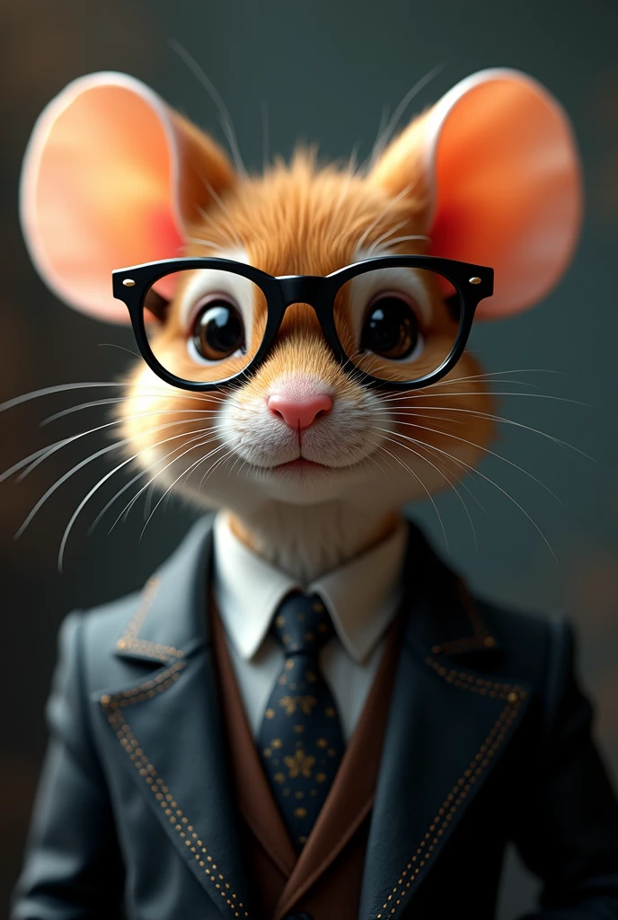 charming mouse, black glasses, suit, detailed face, photorealistic, 8k, hyper detailed, studio lighting, cinematic lighting, vibrant colors, intricate details, elegant, fashionable, cute, whimsical, fantasy, imaginative