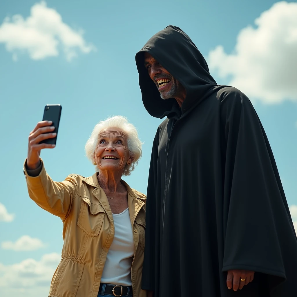 A photorealistic image captures a surreal and chilling scene on a bright, sunny day with fluffy clouds. In this unsettling yet oddly humorous portrait, a grandmother and a dark, malevolent figure are taking a selfie together.
The grandmother, dressed in casual, everyday clothing, holds her smartphone high with a broad, slightly awkward smile. Her face shows a mix of curiosity and unease as she poses for the photo. The bright sunlight illuminates her face and outfit, casting a warm, natural glow on her.
Beside her stands a dark figure that represents the embodiment of malevolence. This character is clad in a shadowy, flowing cloak, with a hood that obscures its features, leaving only a hint of a menacing, twisted smile visible beneath the fabric. The figure’s presence exudes a sense of dark energy, with an aura that seems to absorb light rather than reflect it. The dark cloak and hood create stark, dramatic shadows, contrasting with the bright surroundings.
The scene is set against a clear blue sky with soft, white clouds, and the sunlight creates a bright, almost idyllic backdrop. However, the juxtaposition of the cheerful weather with the dark, ominous figure creates a bizarre and eerie contrast. The light casts gentle shadows that highlight the peculiar interaction between the grandmother and the malevolent character.
The overall tone of the image is a blend of the mundane and the menacing, combining the everyday act of taking a selfie with the unsettling presence of a dark embodiment of evil. The scene captures a moment of surreal irony, as the bright and cheerful setting contrasts with the grim and sinister nature of the character beside the grandmother.