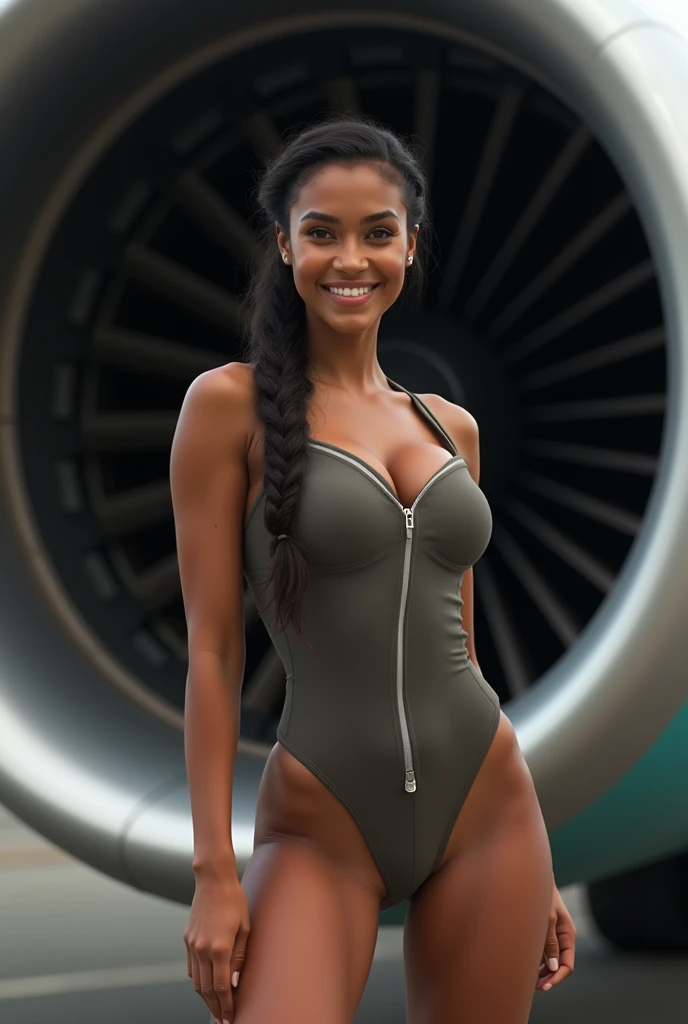 (photorealism: 1.2), hot brazilian sexy girl in sexy dynamic pose. raw portrait photography, hyper realistic and detailed face, complex and realistic skin texture, hot body, athletic body, smiling, long black hair with a braid, dressed with a jumpsuit in front of the turbo jet engine of an airplane