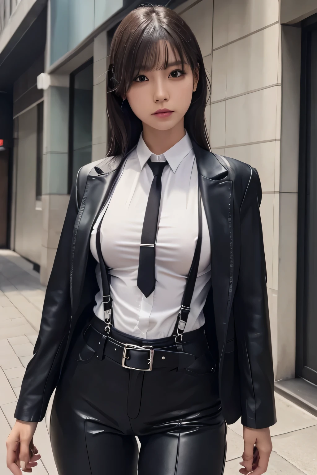 a woman in a suit, belt, hands behind back, sweating, suspenders, black pants, sexly, large breasts, see-through clothing, rain, detective, office worker, white button-up shirt, (best quality,4K,8k,highres,masterpiece:1.2),ultra-detailed,(realistic,photorealistic,photo-realistic:1.37),hyper-detailed,highly detailed face and body, Slender　thin　suspenders　Moderate breasts　See-through shirt　Nipples　holster　chain　Pistol　Armament　criminal　Female criminal　knife