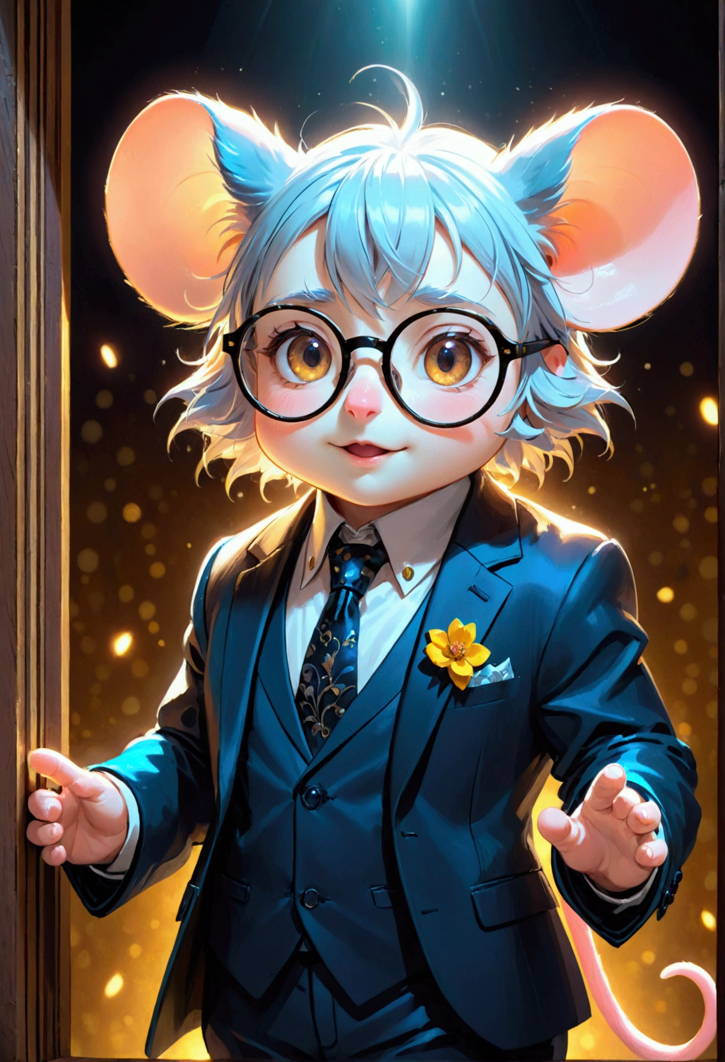charming mouse, black glasses, suit, detailed face, photorealistic, 8k, hyper detailed, studio lighting, cinematic lighting, vibrant colors, intricate details, elegant, fashionable, cute, whimsical, fantasy, imaginative